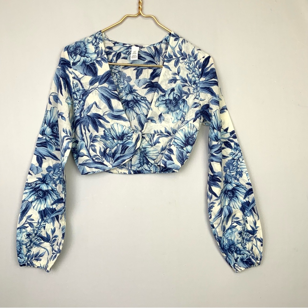 H&M Sz XS Blue & White Floral‎ Linen Knot Front Balloon Sleeve Crop Top Beach